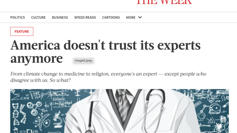 Screenshot of The Week headline of America doesn't trust its experts anymore